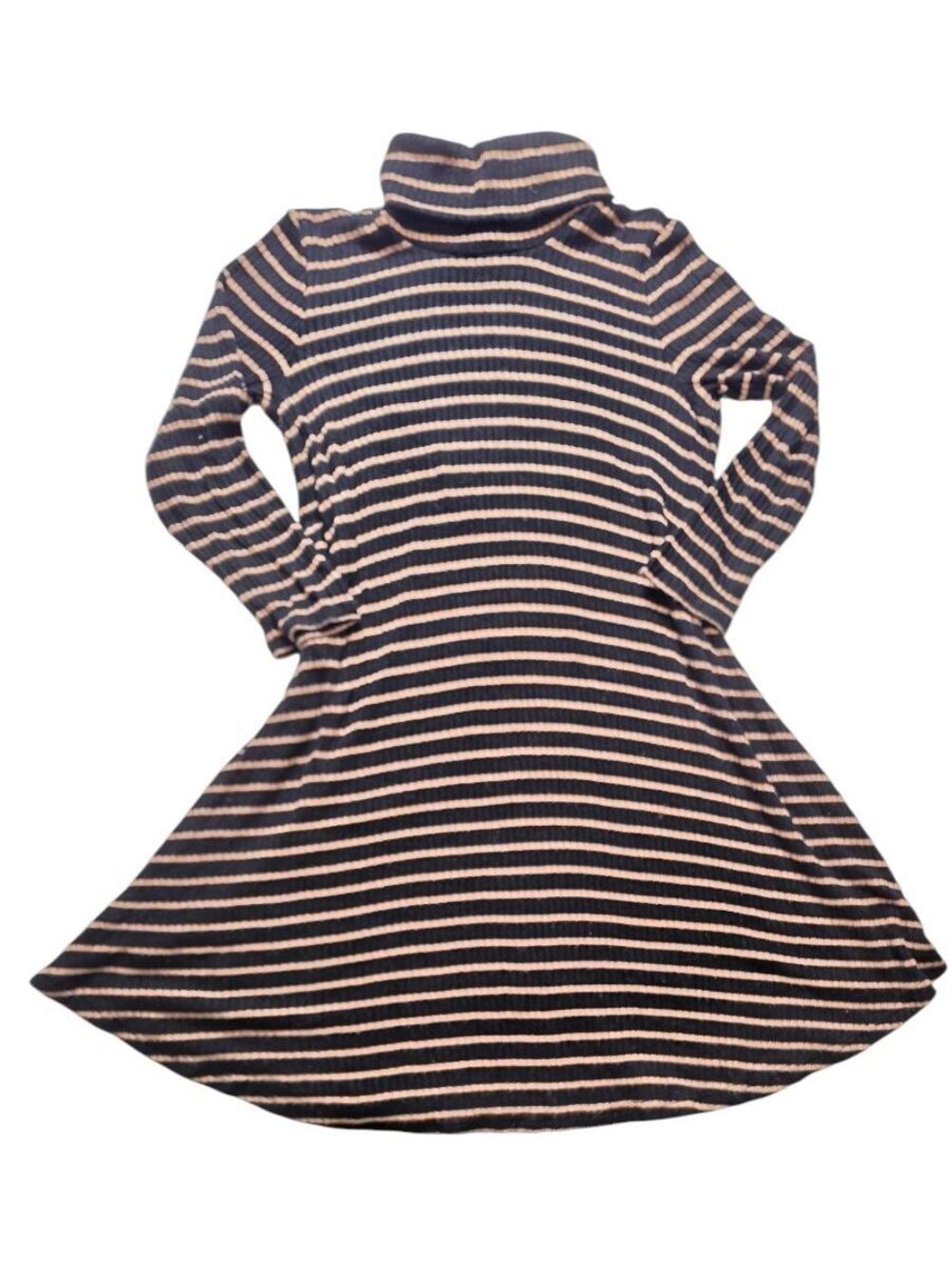 American Eagle Soft & Sexy Striped Turtleneck Dress Black Tan Ribbed Swing Large